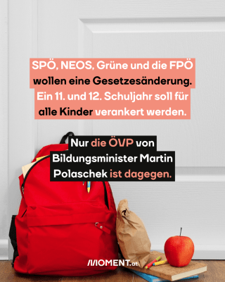 Ein roter Rucksack steht vor einer weißen Tür am Boden. Daneben Bücher, Stifte, ein Apfel und eine braune Papiertasche.