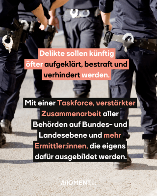 Viele Polizist:innen sind von hinten fotografiert, wie sie eine Straße entlanggehen. Die Handschellen und Waffen an den Gürteln sind zu sehen.