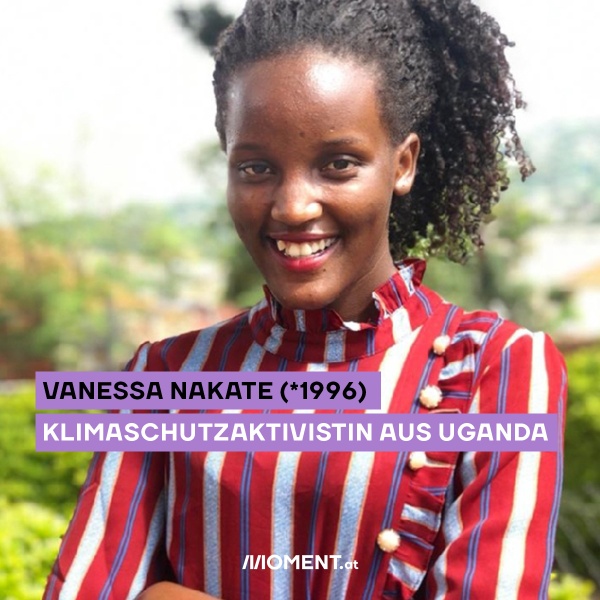 Klimaaktivistin Vanessa Nakate in rot-weiß gestreiftem Oberteil im Porträt. Bildtext: Vanessa Nakate (*1996). Klimaaktivistin aus Uganda.