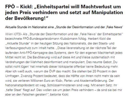 Eine Aussendung der FPÖ zu einer Nationalratssitzung. Der Begriff "Einheitspartei" steht gleich im Titel