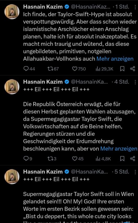 Mehrere Tweets von Autor und Journalist Hasnain Kazim. Darni macht er sich über den Besuch von Taylor Swift in Wien lustig und bezeichnet  den "Hype" als verspottungswürdig.