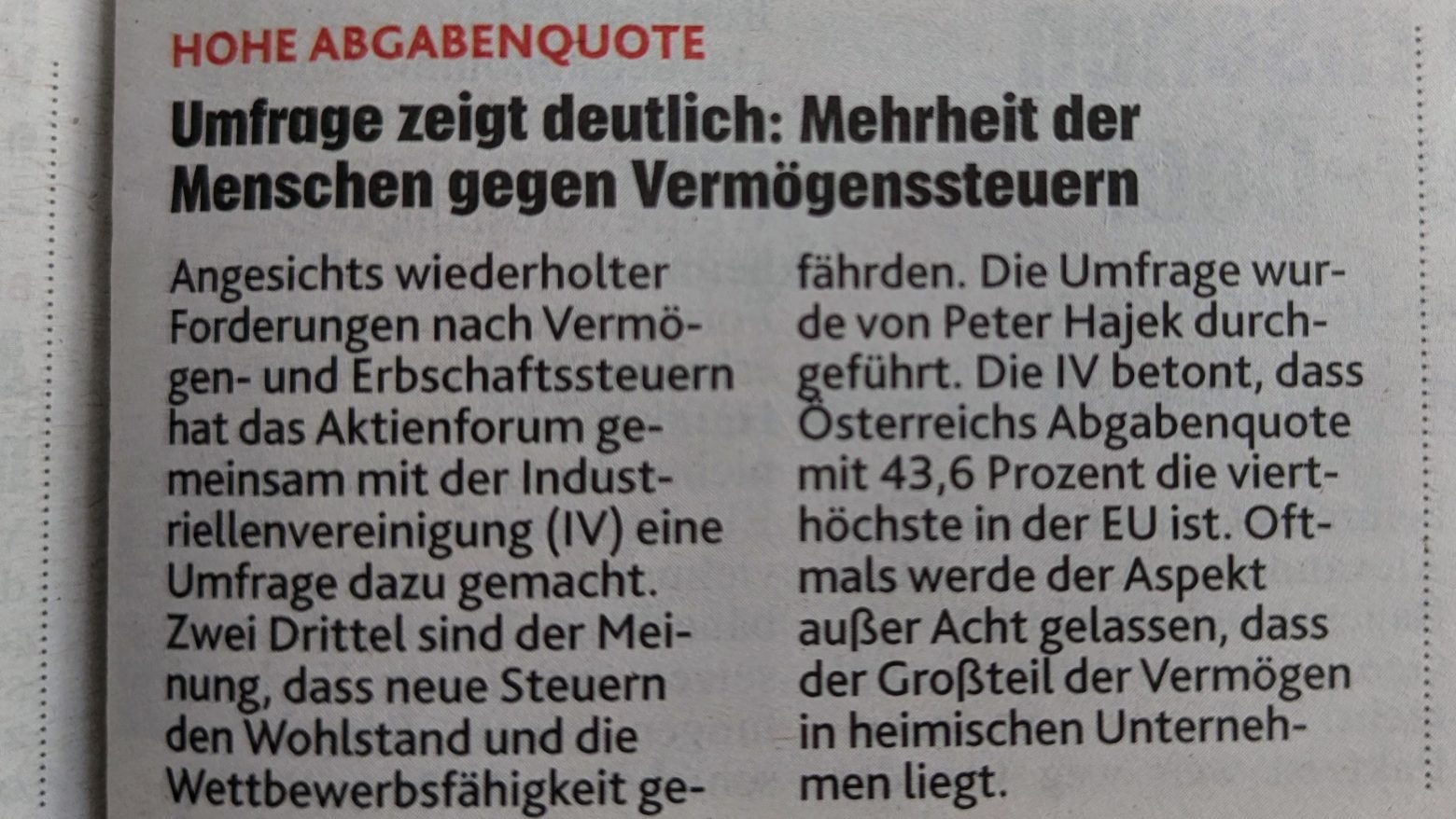 Die Krone verwendet die Umfrage der IV kritiklos für eine Meldung an prominenter Stelle.