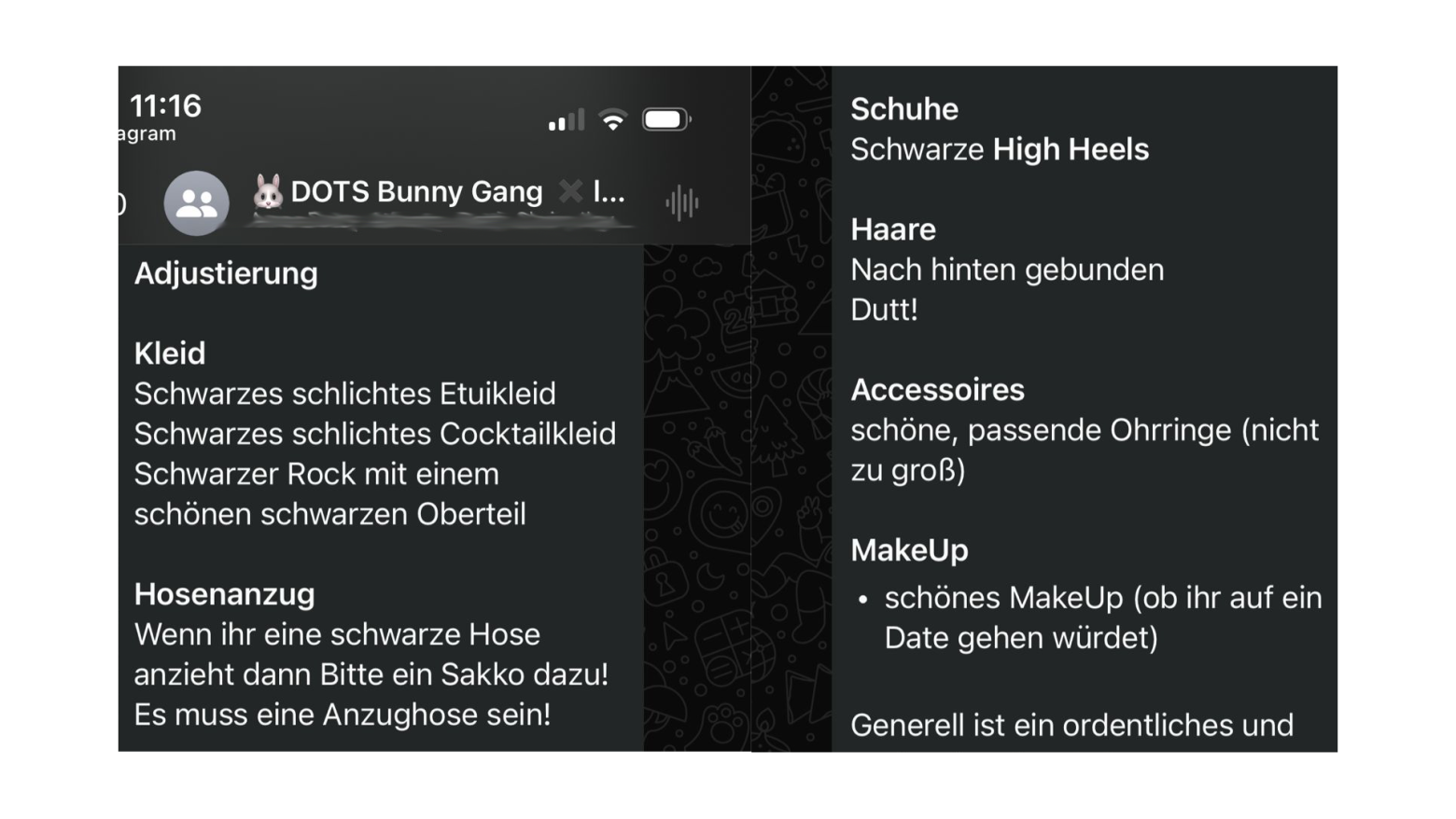 Eine Nachricht aus einer Messenger-Gruppe. Sie heißt "DOTS Bunngy Gang". Die Mitarbeiter:innen werden darin mit Kleidervorschriften versorgt und angehalten, sich zu schminken, als "ob ihr auf ein Date gehen würdet".