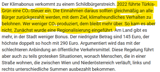 Ein Screenshot aus der Kronen Zeitung ist zu sehen. Markiert ist der Text: 2022 führte Türkis-Grün eine CO2-Steuer ein. Die Einnahmen daraus sollten gleichmäßig an alle Bürger zurückgezahlt werden, mit dem Ziel, klimafreundliches Verhalten zu belohnen. Wer weniger CO2 produziert, dem bleibt mehr über. So kam es aber nicht. Zunächst wurde eine Regionalisierung eingeführt.