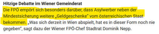 Ein Screenshot aus einem Beitrag der Kronen Zeitung. Markiert wurde der Text: Die FPÖ empört sich darüber, dass Asylwerber neben der Mindestsicherung weitere "Geldgeschenke" vom österreichischen Staat bekommen.