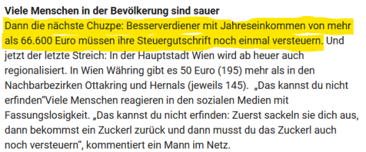 Ein Screenshot eines Artikels der Kronen Zeitung. Markiert ist der Text: Dann die nächste Chuzpe: Besserverdiener mit Jahreseinkommen von mehr als 66.600 Euro müssen ihre Steuergutschrift noch einmal versteuern. 