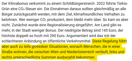 Ein Screenshot eines Beitrags der Kronen Zeitung. Markiert ist der Text: Diese Regelung führt aber auch zu teils grotesken Situationen, wonach Menschen, die in einer Straße wohnen, die zwischen Wien und Niederösterreich verläuft, links und rechts unterschiedliche Summen ausbezahlt bekommen. 